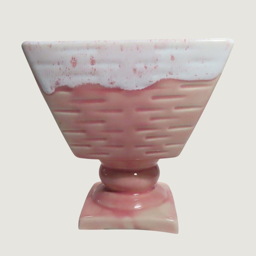 Vintage UPCO USA 28 Pink Basketweave Pedestal Planter Drip Glaze Ceramic Vase